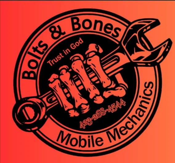 Bolts & Bones Mobile Mechanics - Skeleton hand gripping wrenches logo with Trust in God tagline and phone number 423-268-4544